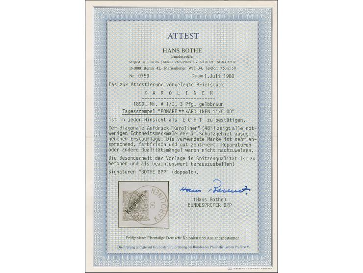 1899/1900, Diagonalaufdruck 3 Pfg. lebhaftorangebraun mit klarem Stempel “PONAPE KARLONIEN 11.5.00” auf Briefstück in tadello