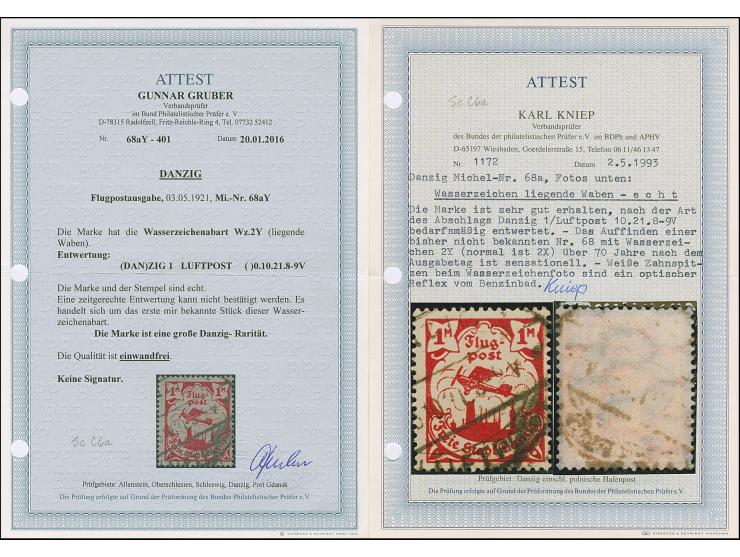 1921, Flugpost 1 M. mit liegendem Wasserzeichen, sauber entwertet mit Stempel “DANZIG LUFTPOST .10.21 8-9 V.,”, tadellos. Ein
