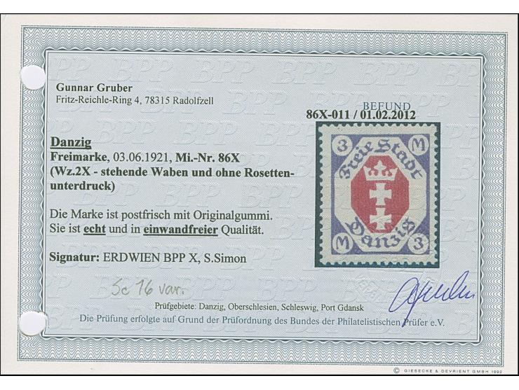 1921, Kleines Staatswappen 3 M. mit stehendem Wasserzeichen, postfrisch, tadellos, u.a. sign. Erdwien BPP sowie Befund Gruber