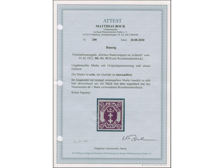 1922, Kleines Staatswappen 75 Pfg. mit Rosettenunterdruck, sauber ungebraucht, tadellos. Der Rosettenunterdruck kommt eigentl