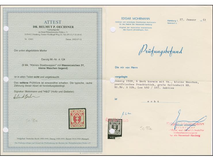 1922, Staatswappen 6 Mark rotkarmin mit Wasserzeichen 3Y “kleine Maschen liegend”, ungebraucht, tadellos, u.a. sign. H&amp;G 