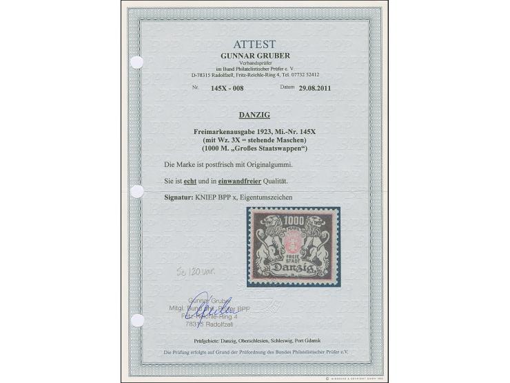 1923, Großes Staatswappen 1000 M. mit stehendem Wasserzeichen, postfrisch, tadellos, u.a. sign. Kniep BPP sowie Fotoattest Gr