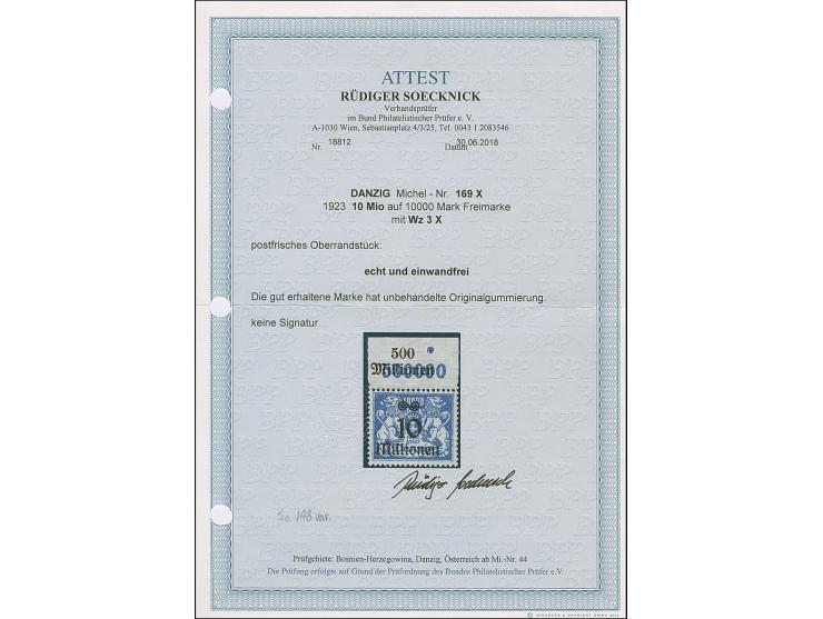 1923, Großes Staatswappen 10 Mio. auf 10000 Mark mit stehendem Wasserzeichen, Oberrandstück, postfrisch, tadellos, unsigniert