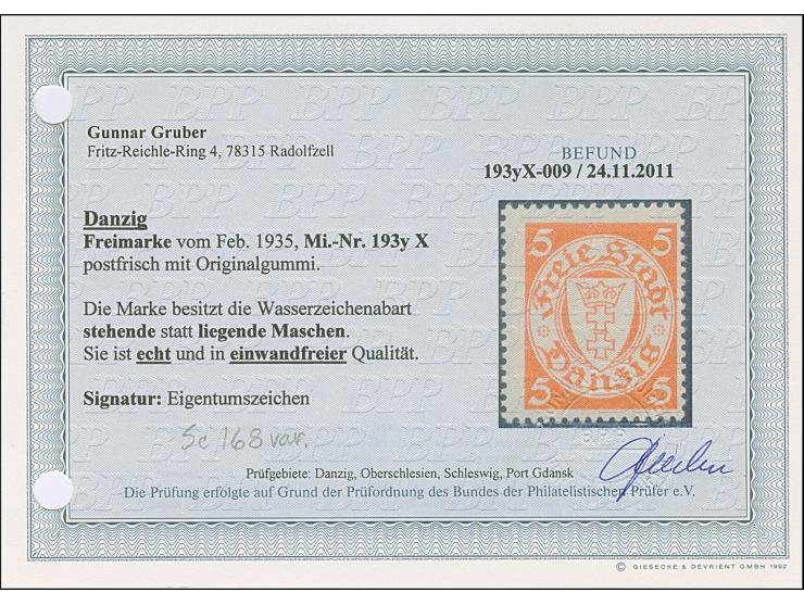 1924, Staatswappen 5 Pfennig mit stehendem Wasserzeichen, postfrisch, tadellos, sign. sowie Befund Gruber BPP (2011)