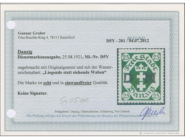 1921, DM-Aufdrucke 25 Pfennig mit liegendem Wasserzeichen, farbfrisch und gut gezähnt, sauber ungebraucht, unsigniert mit Bef