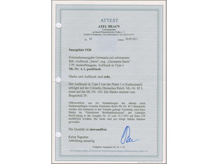 1920, Germania 2 Pfennig dunkelblaugrau, abweichende Urmarke mit schraffiertem Hintergrund, farbfrisch und gut gezähnt, postf