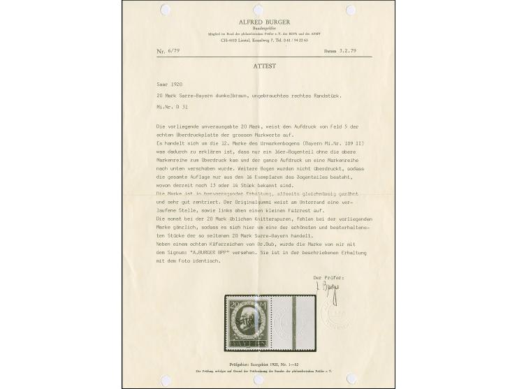 1920, Ludwig 20 Mark mit Aufdruck “SARRE”, rechtes Randstück von Aufdruckfeld 8, farbfrisch und meist gut gezähnt, sauber ung