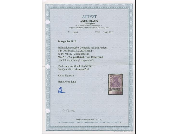 Germania 60 Pfennig rotlila, Unterrandstück, farbfrisch und gut gezähnt, postfrisch, tadellos, unsigniert mit Fotoattest Brau