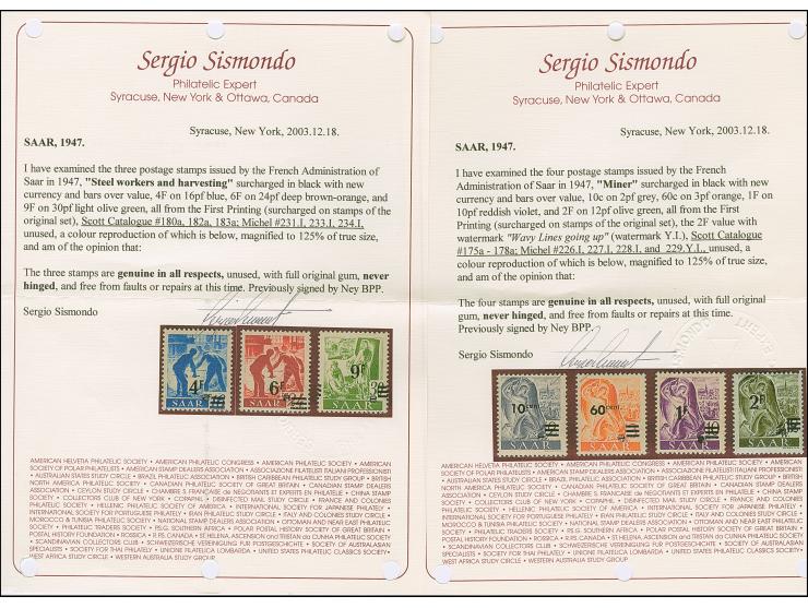 1947, Urdruck 10 C.-50 Fr. komplett, Mi.-Nr. 228-229 sowie 235 je mit in beiden Varianten, 2 F. ein Wert ungebraucht, sonst p