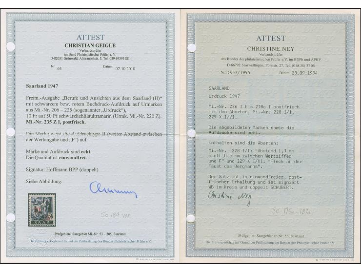 1947, Urdruck 10 C.-50 Fr. komplett, Mi.-Nr. 228-229 sowie 235 je mit in beiden Varianten, 2 F. ein Wert ungebraucht, sonst p