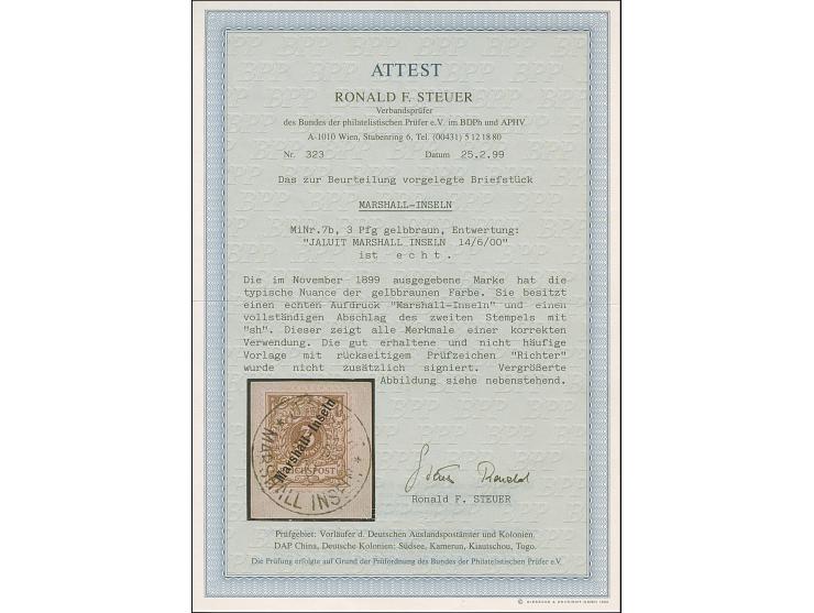 1899, 3 Pfg. lebhaftorangebraun mit Stempel “JALUIT MARSHALL-INSELN14.6.00” auf Briefstück, in einwandfreier Erhaltung. Ein s