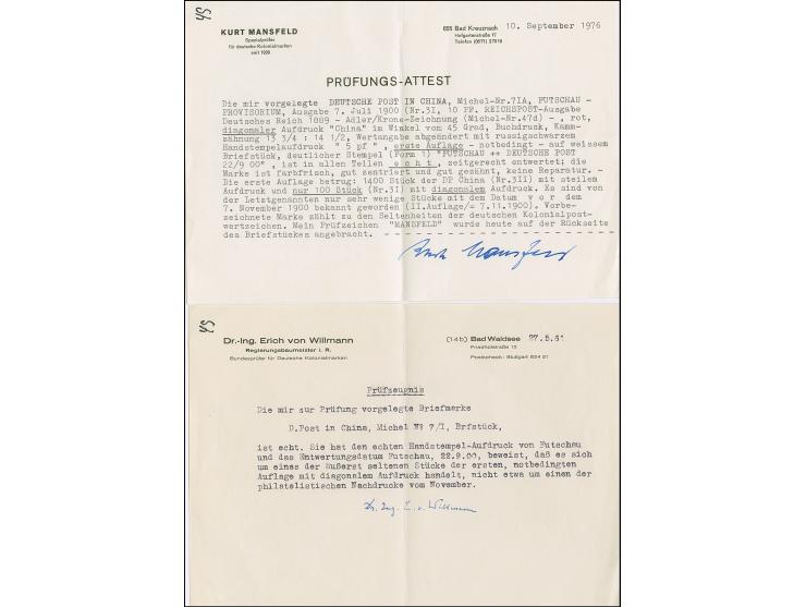 1900, 5 pf. auf Diagonalaufdruck 10 Pfg. mit Stempel “FUTSCHAU DP 22.9.00” auf Briefstück in einwandfreier Erhaltung. Ein seh