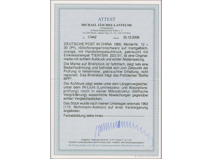 1900, Handstempel 30 Pfg. mit klarem Stempel “TIENTSIN DP *a 22.2.01” auf Briefstück. Die farbfrische Marke ist zum Teil übli
