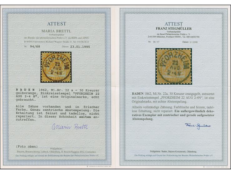 1862, 30 Kr. orangegelb, farbfrisch und einwandfrei gezähnt mit sehr klarem, zentrisch und gerade aufgesetztem EKr. “PFORZHEI