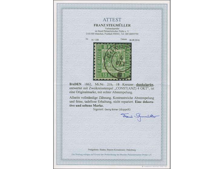 18 Kr. dunkelgrün, farbfrisch und allseits mit vollständiger Zähnung und klarem DKr. “CONST(ANZ) 4.OKT”, in tadelloser Erhalt