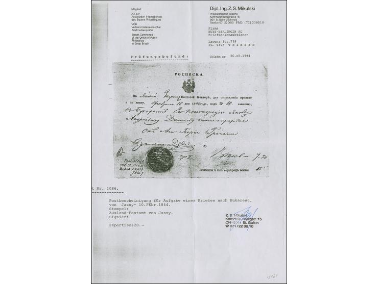 JASSY: 1844, Postal receipt from “JASSY POST OFFICE" for a brief sent to Bucharest, dated 10 February 1844, alongside black n