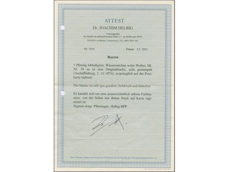 1876/81, 5 Pfg. lebhaftgrün, farbfrisch und allseits sehr gut gezähnt mit klarem EKr. “ASCHAFFENBURG2.10.(76)” als tarifgerec