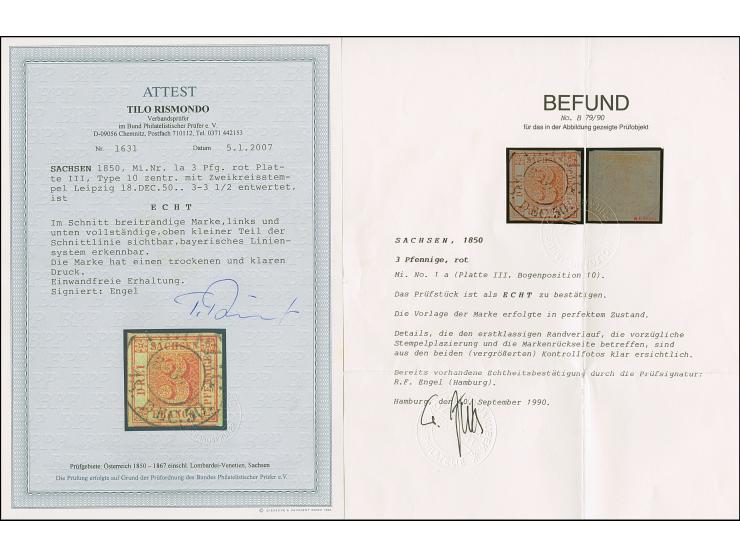 1850, 3 Pfg. rot, Platte III, Type 10, farbfrisch und allseits breitrandig, vom rechten Bogenrand stammend. Links und unten v