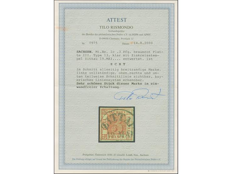 3 Pfg. braunrot, Platte III, Type 13, farbfrisch und allseits breitrandig, links vollständige und dreiseitig teilweise sichtb