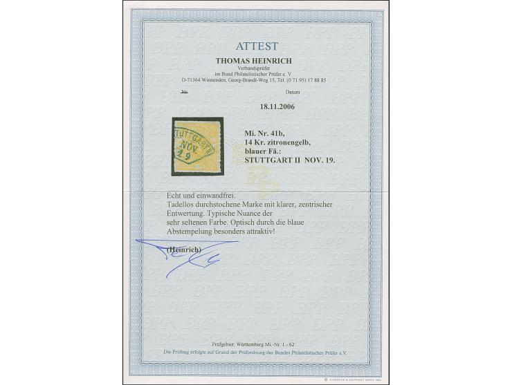 1869, 14 Kr. zitronengelb, sehr farbfrische Marke, allseits guter Durchstich, sauber mit blauem Fächerstempel “STUTTGART NOV.