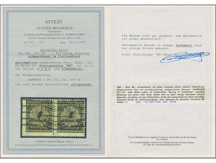 Korbdeckel 1 Mrd. M. schwarzbraun im Plattendruck im waagerechten Paar, linke Marke mit Plattenfehler “Sprung im Korbdeckel” 