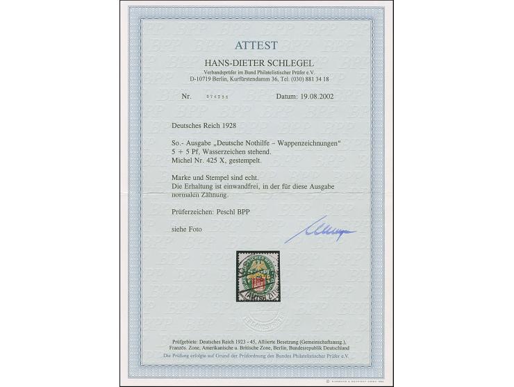 1928, Nothilfe 5 Pfg. mit stehendem Wasserzeichen (2X), sauber gestempelt und normal gezähnt, in einwandfreier Erhaltung. Ein