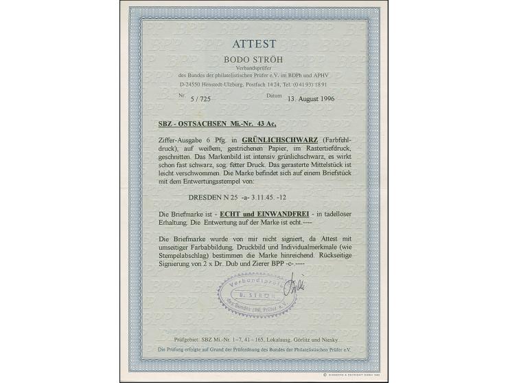 6 Pfg. grünlichschwarz in fast schwarzer Nuance (fetter Druck) mit Stempel “DRESDEN N25 3.11.45” auf Briefstück in tadelloser