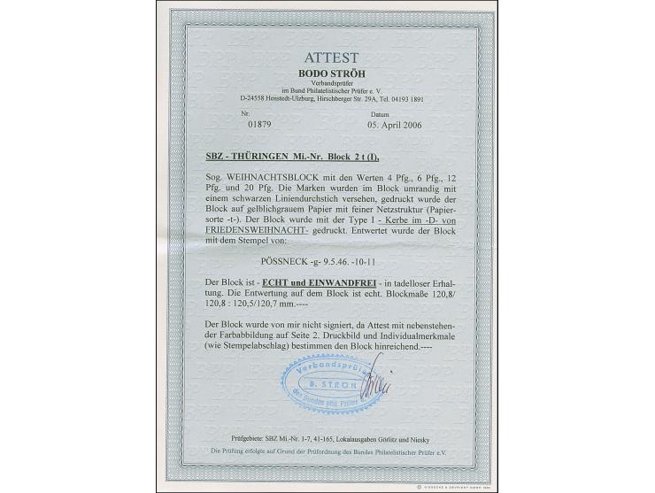 Weihnachts-Block auf gelblichgrauem Papier, sauber mit Stempel “Pößneck 9.5.46” entwertet, in tadelloser Erhaltung. Ein sehr 