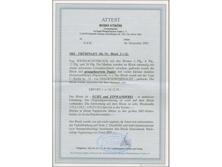 Weihnachts-Block auf graugefasertem Papier mit Stempel “ERFURT 1z 24.12.45”. Die Blockmaße sind in der Norm, in tadelloser Er