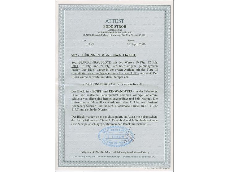 Brückenbau-Block mit 12 Pfg. rot, Blocktyype III mit Stempel “SONNEBERG 17.6.46”, Blockmaße in der Norm, in einwandfreier Erh