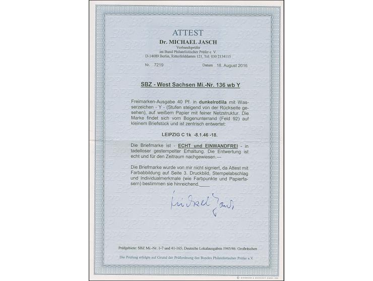 Ziffer 40 Pfg. dunkelrotlila mit Wasserzeichen 1Y, Unterrandstück mit Stempel “LEIPZIG 8.1.46” auf Briefstück, in tadelloser 