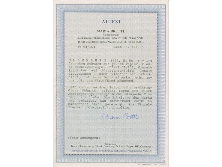 ⅓ Gr. auf grünoliv, farbfrisch, oben vollrandig, sonst dreiseitig sehr breitrandig im Schnitt mit klarem, blauen Rahmenstempe