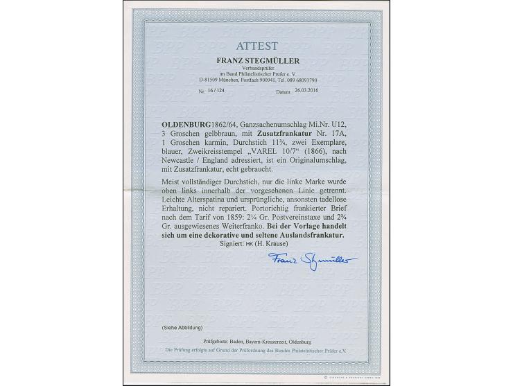 1862/64, Umschlag 3 Gr. mit zwei Einzelmarken Wappen 1 Gr. karmin mit Durchstich 11¾ als tarifgerechter Zufrankatur je mit bl