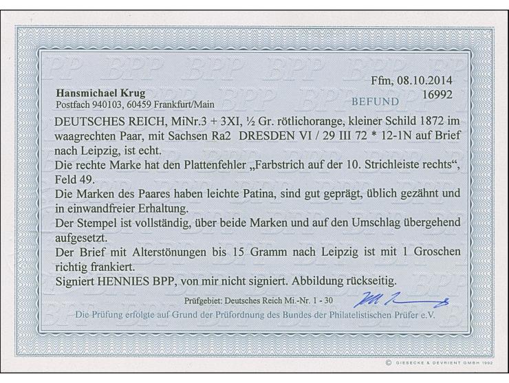 ½ Gr. rötlichorange mit Plattenfehler “Farbstrich auf der 10. Strichleiste rechts” (Feld 49) im waagerechten Paar mit Normalm