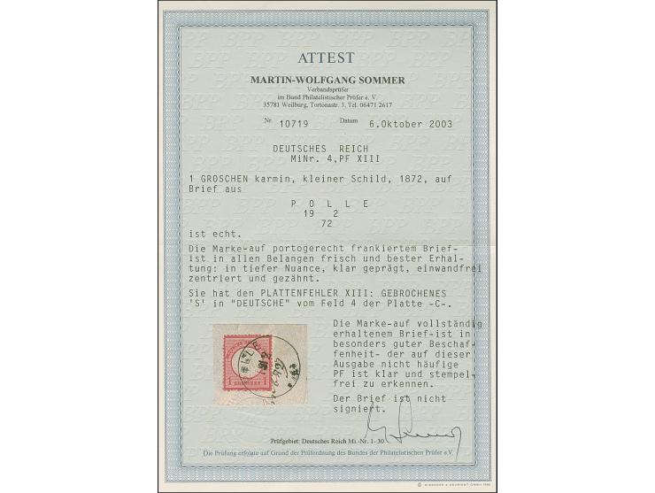 1 Gr. karmin mit Plattenfehler “gebrochenes S in DEUTSCHE” (Feld 4) mit EKr. “POLLE 18.2.72” auf kpl. Faltbrief. Die farbfris