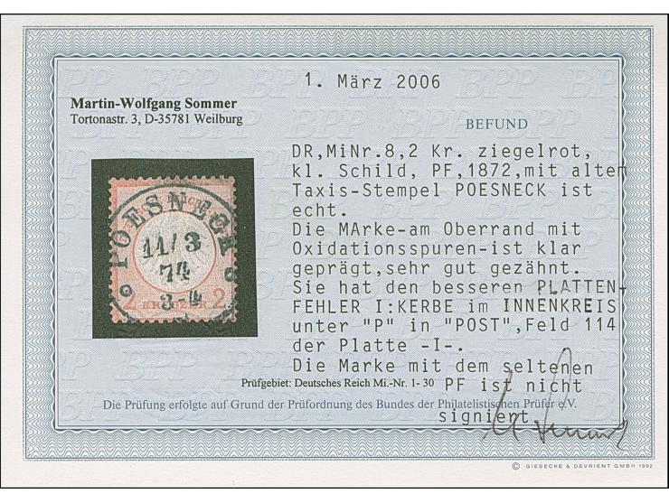 2 Kr. ziegelrot mit Plattenfehler “Kerbe im Innenkreis unter P in Post” (Feld 114), mit klarem und zentrischen EKr. “POESNECK