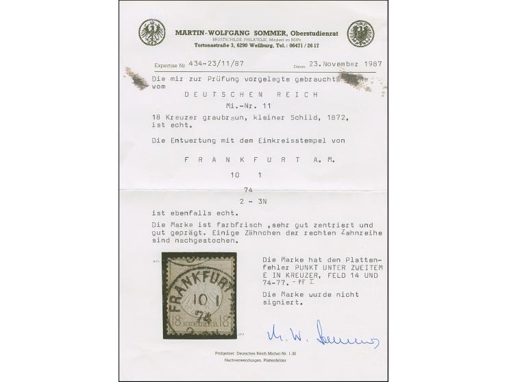 18 Kr. ockerbraun mit Plattenfehler “Punkt rechts unter zweitem E in KREUZER” (Feld 14,74-77), mit klarem EKr. “FRANKFURT 10.