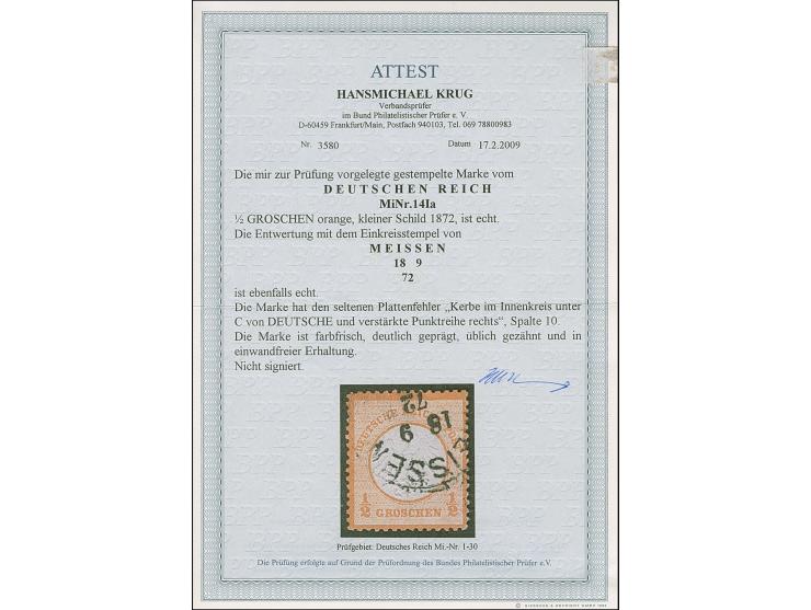 ½ Gr. orange mit Plattenfehler “Kerbe im Innenkreis unter C in DEUTSCHE, verstärkte Punktreihe rechts (frühe Phase)” (Spalte 