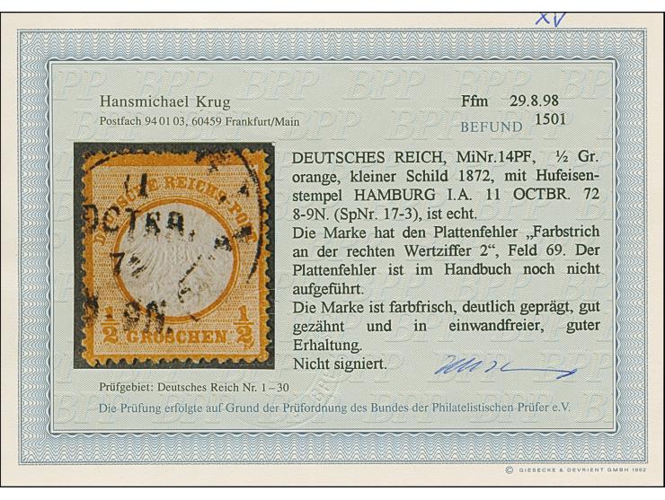 ½ Gr. orange mit Plattenfehler “Farbstrich an der rechten Wertziffer 2” (Feld 69), gestempelt, die farbfrische Marke ist deut