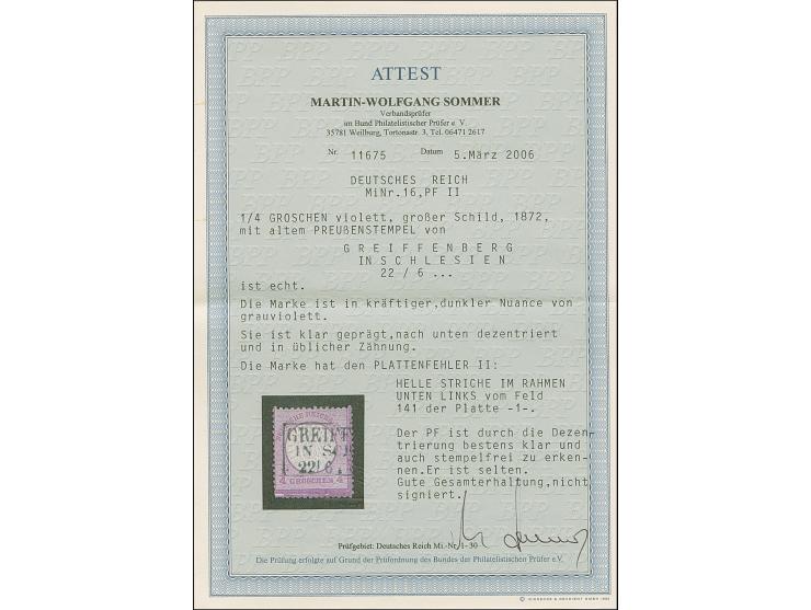 ¼ Gr. grauviolett mit Plattenfehler “helle Striche im Rahmen unten links” (Feld 141), mit klarem Rahmenstempel “GREIFF(ENBERG