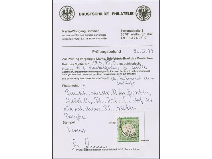 ⅓ Gr. grausmaragdgrün mit Plattenfehler “Punkt unter R in Groschen” (Feld 14), gestempelt, die farbfrische Marke ist deutlich