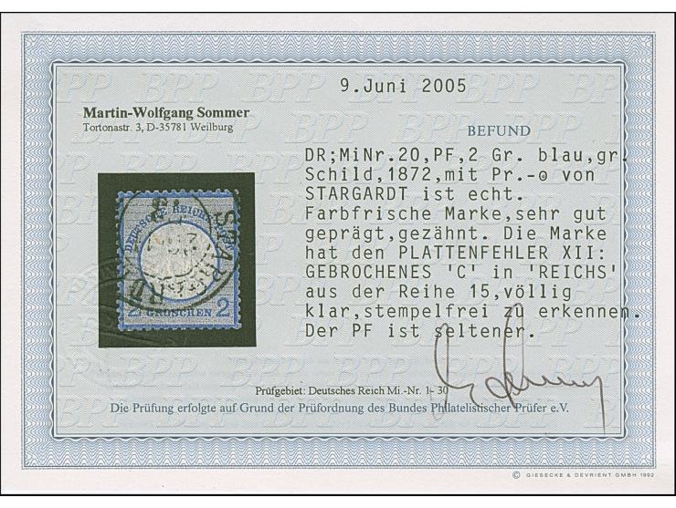 2 Gr. grauultramarin mit Plattenfehler “gebrochenes C in REICHS” (Feld 25, mit klarem DKr. “STARGART 26.11.73” entwertet. Die