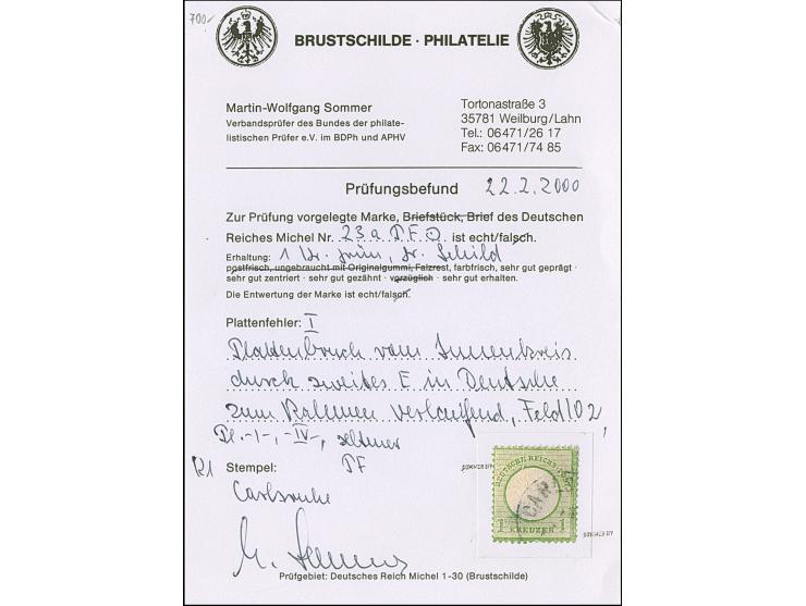 1 Kr. gelblichgrün mit Plattenfehler “Plattenbruch vom Innenkreis durch zweites E von DEUTSCHE zum Rahmen verlaufend” (Feld 1