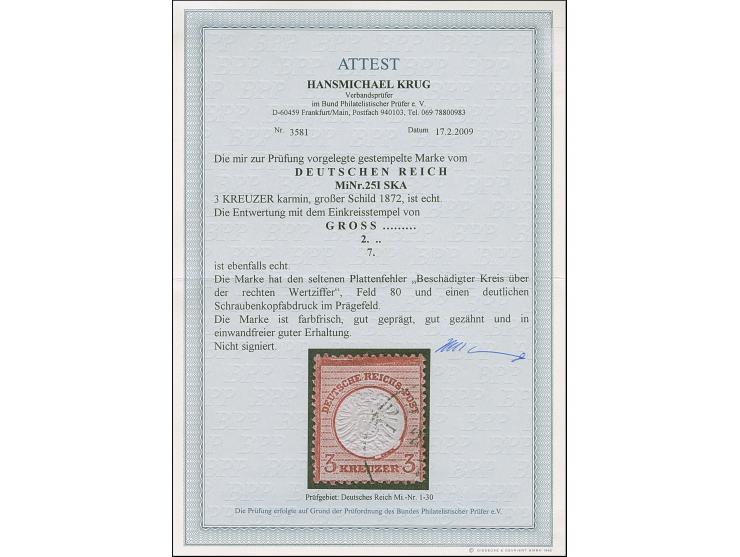 3 Kr. karmin mit Plattenfehler “beschädigter Kreis links über der rechten Wertziffer” (Feld 80) und zusätzlich einen deutlich