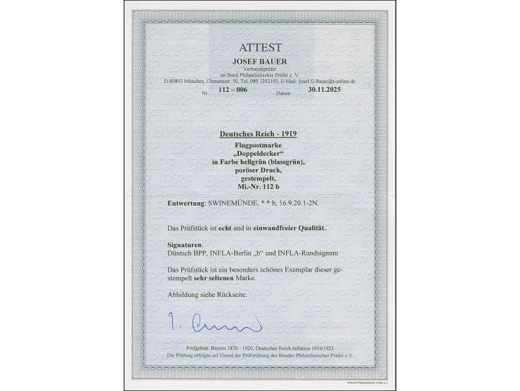 1919, Flugpost 40 Pfg. blaßgrün, in typisch porösem Druckbild, farbfrisch und einwandfrei gezähnt, sauber und zentrisch entwe