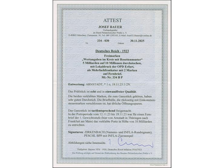 5 Mrd. auf 10 Mio. durchstochen, 2 Einzelwerte, beide tadellos, mit klar aufgesetztem Stempel "ARNSTADT 19.11.23" als portoge