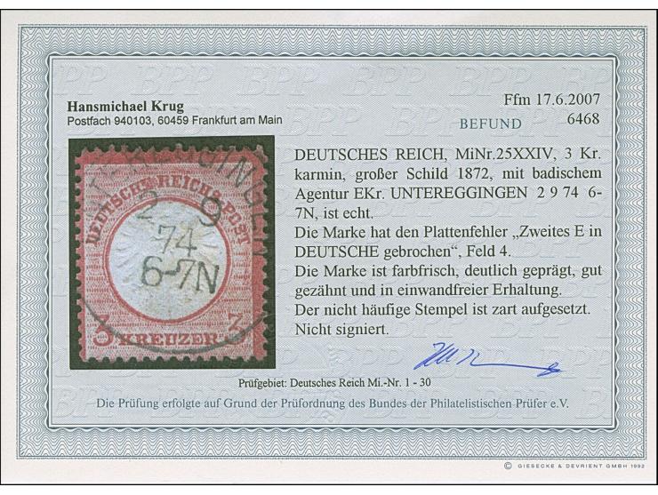 3 Kr. karmin mit Plattenfehler “zweites E in DEUTSCHE gebrochen” (Feld 4), mit badischen Agentur EKr. “UNTEREGGINGEN 2.9.74” 