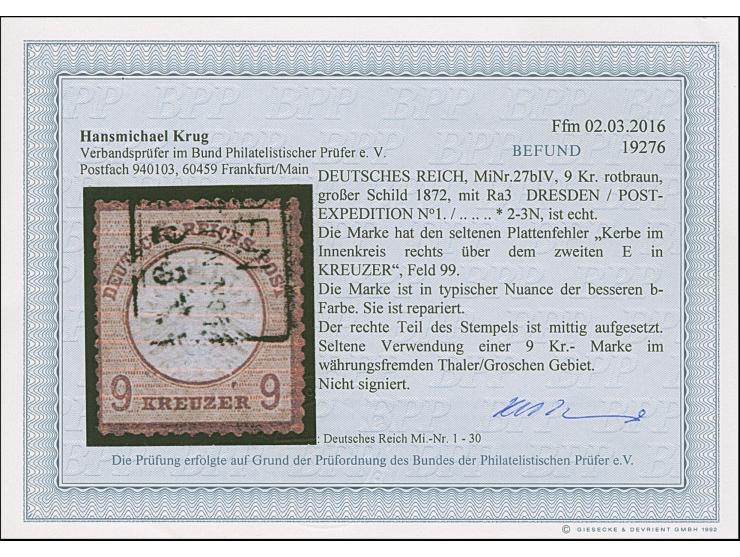 9 Kr. rotbraun mit Plattenfehler “Kerbe im Innenkreis über dem zweiten E in KREUZER ” (Feld 99), mit Teilstempel “DRESDEN POS