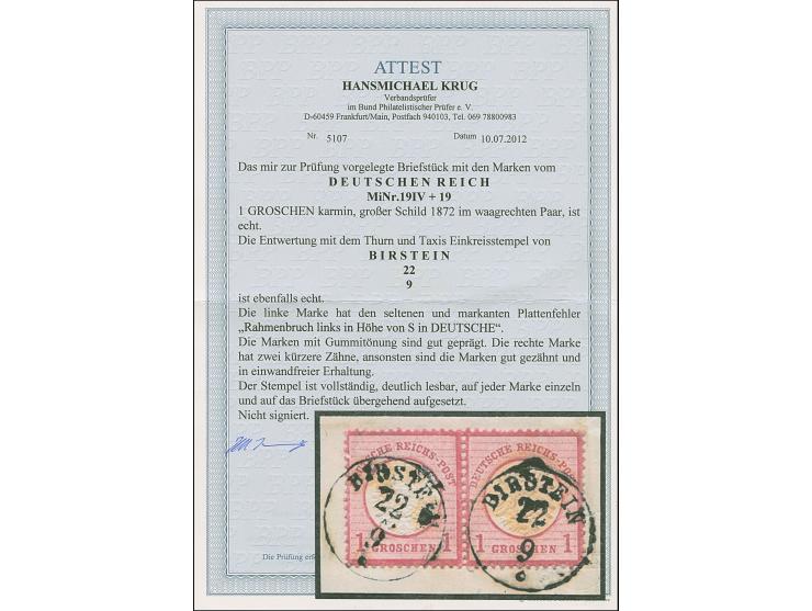 1 Gr. karmin mit Plattenfehler “Rahmenbruch links in Höhe von TS in DEUTSCHE” im waagerechten Paar mit Normalmarke, jeweils m