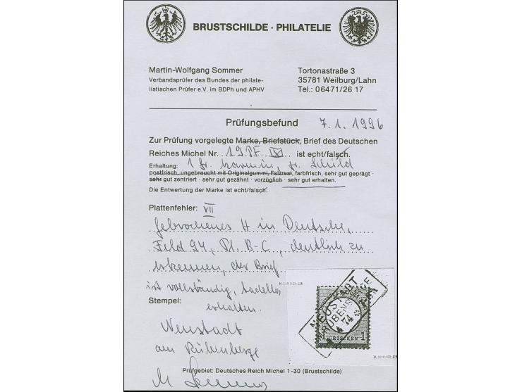 1 Gr. karmin mit Plattenfehler “gebrochenes H in DEUTSCHE” (Feld 94) mit klarem Rahmenstempel “NEUSTADT IM RÜBENGEBIERGE 14.4